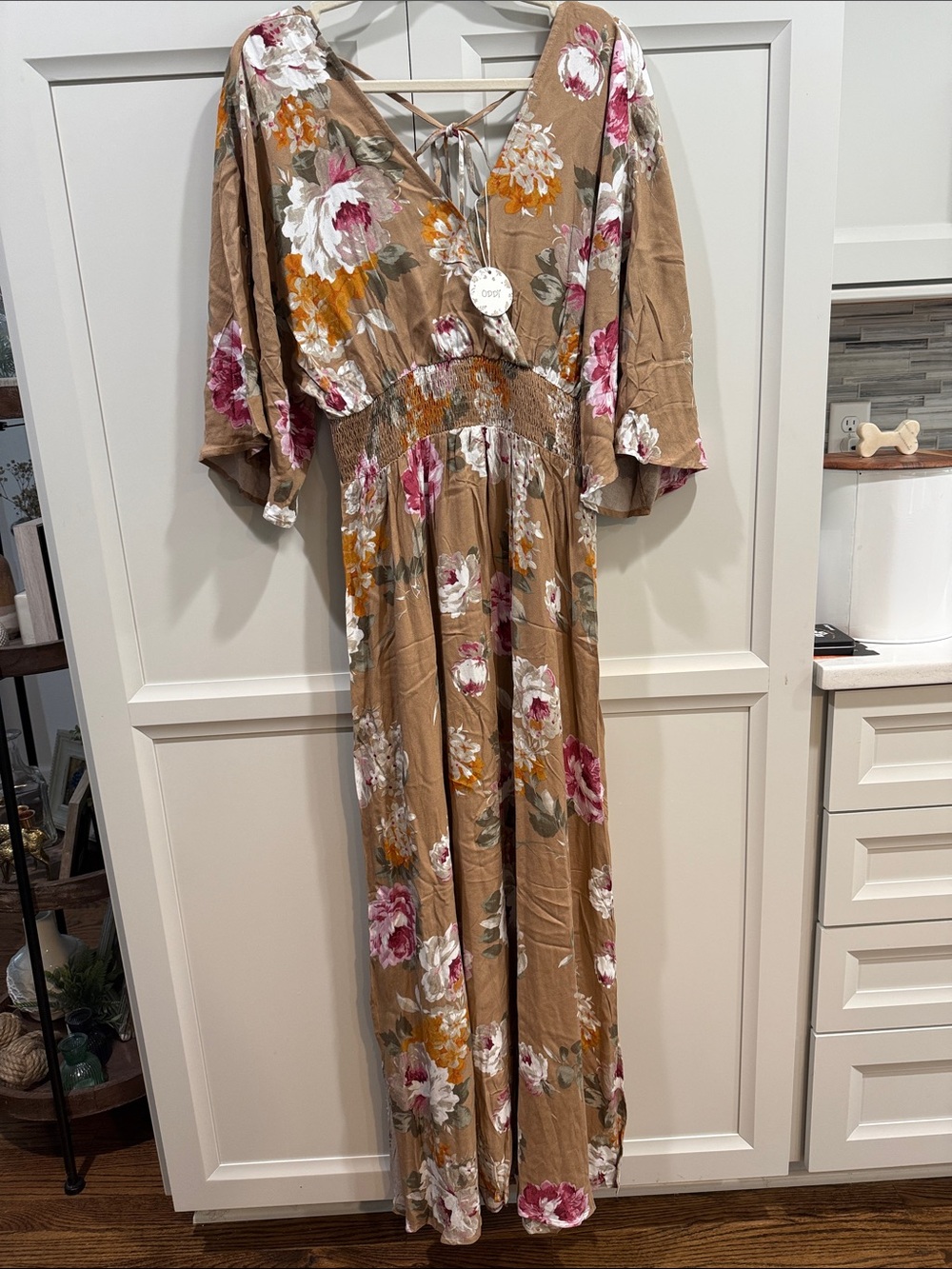 ODDI Floral Smocked Tied-Back Maxi Dress in Taupe Multi Size Med